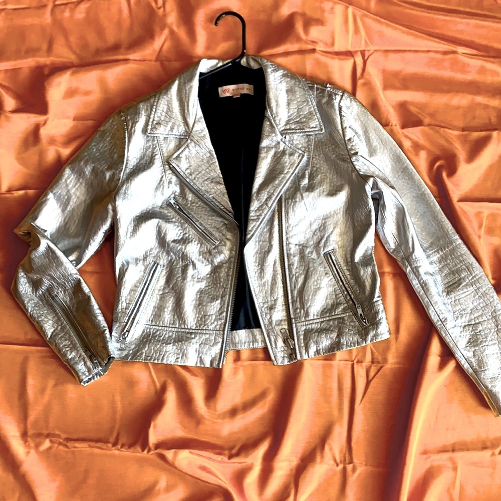 Metallic silver leather jacket. 100% leather.